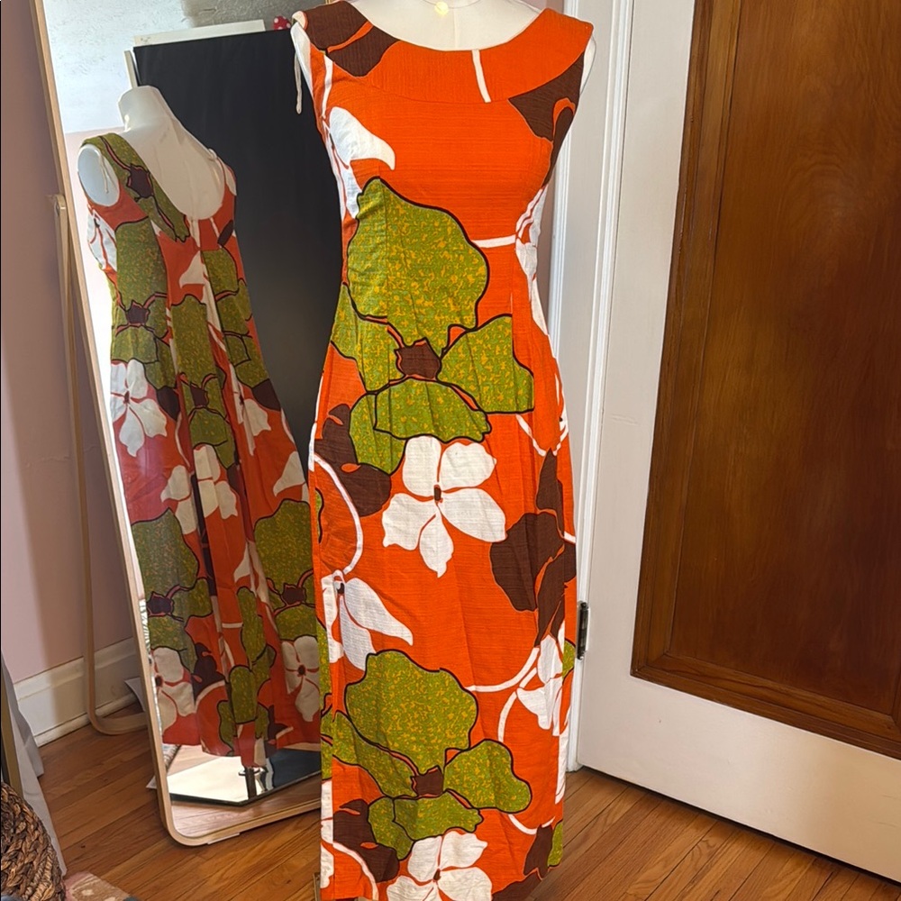 Vintage Hawaiian Vibrant Orange and Green Maxi dress Surfside Waikiki